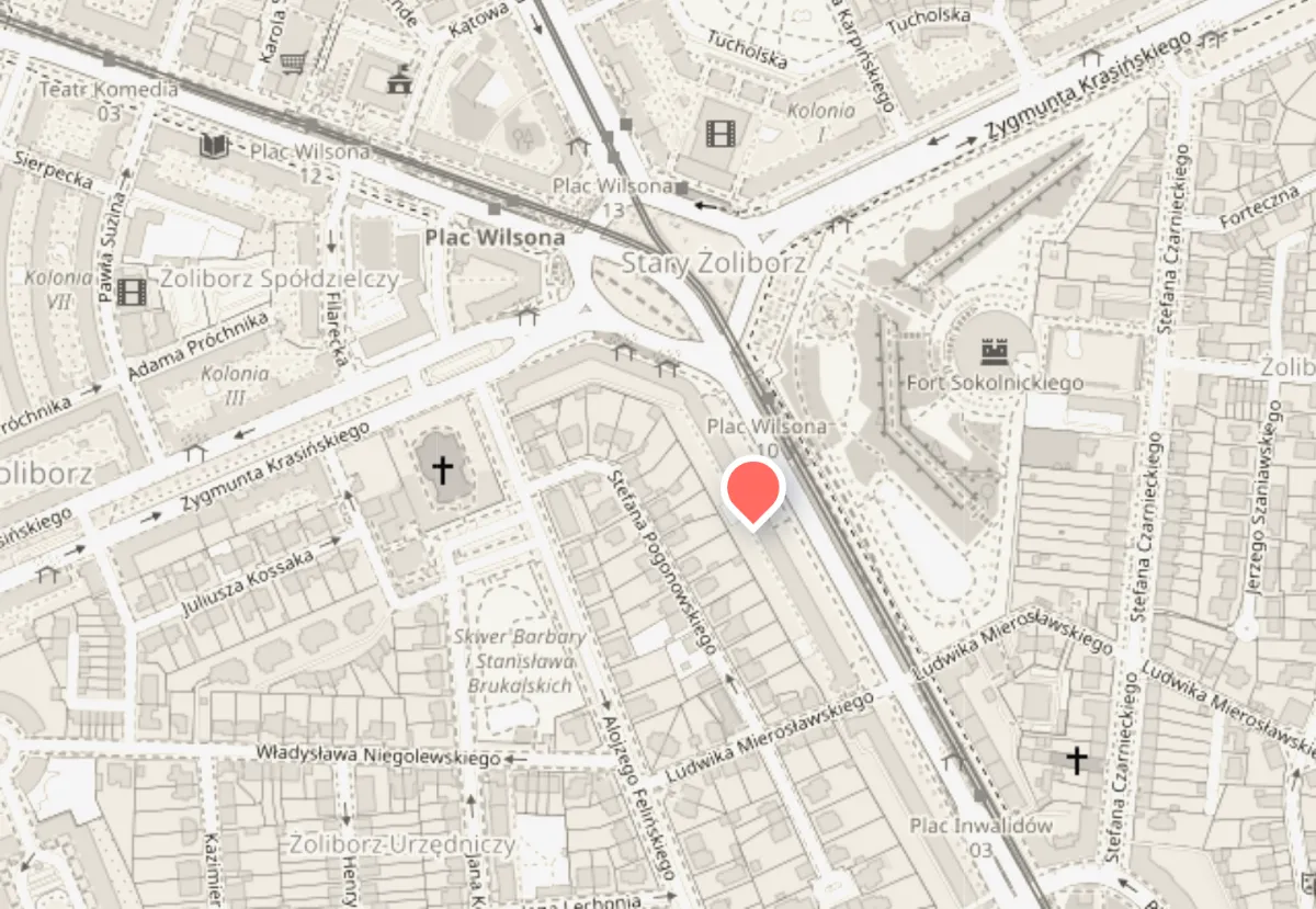Mapa okolicy z zaznaczonym gabinetem MentalCare Plac Wilsona.