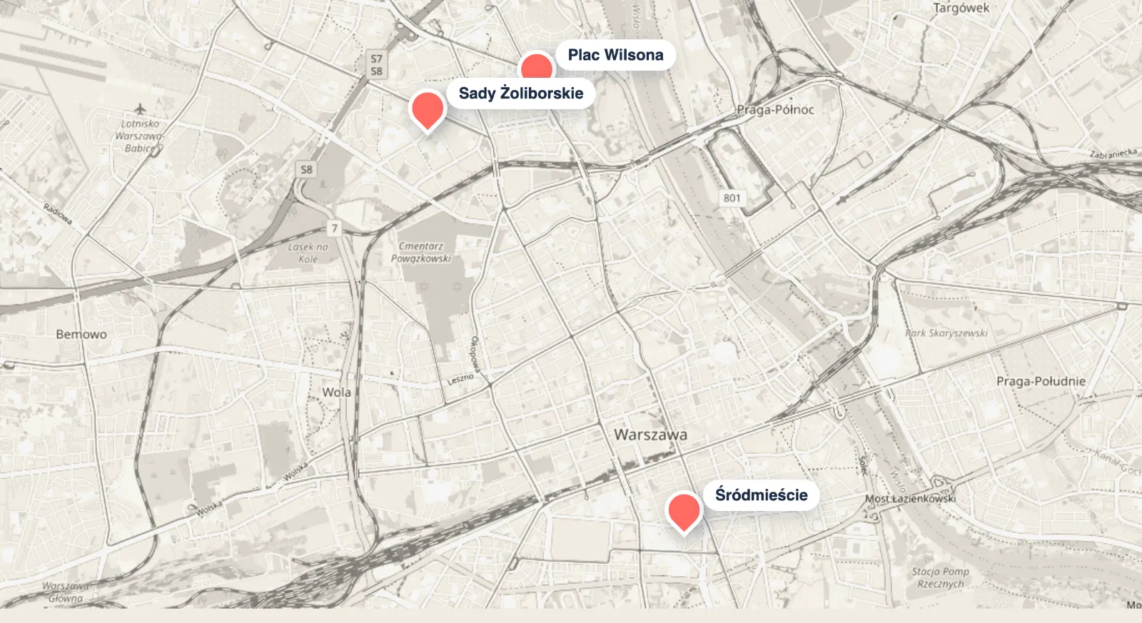 Mapa Warszawy z zaznaczonymi gabinetami MentalCare: Plac Wilsona, Sady Żoliborskie i Śródmieście.